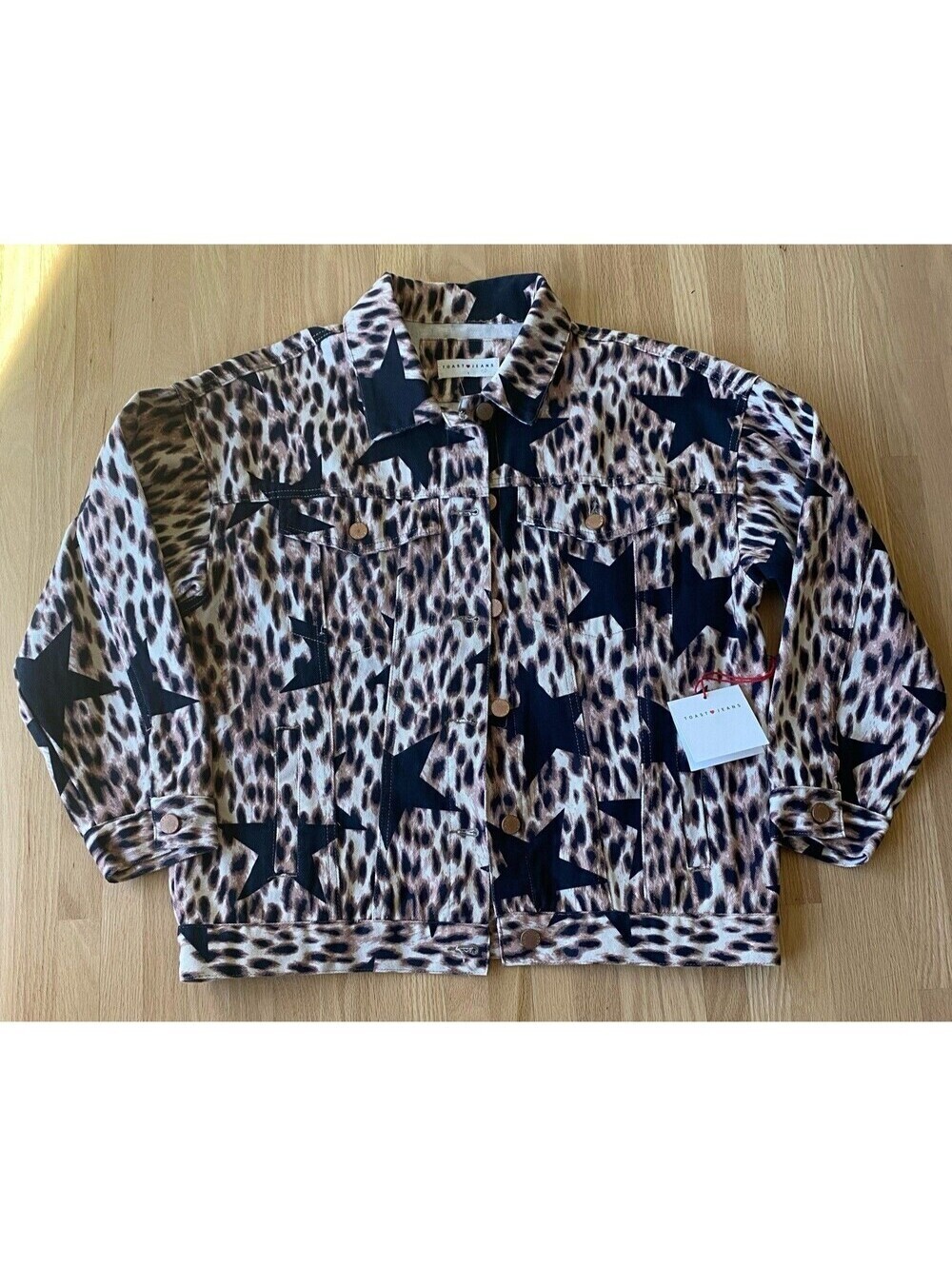 Simply Obsessed Toast Jeans Leopard Star Print Oversized Denim Jacket S rocker